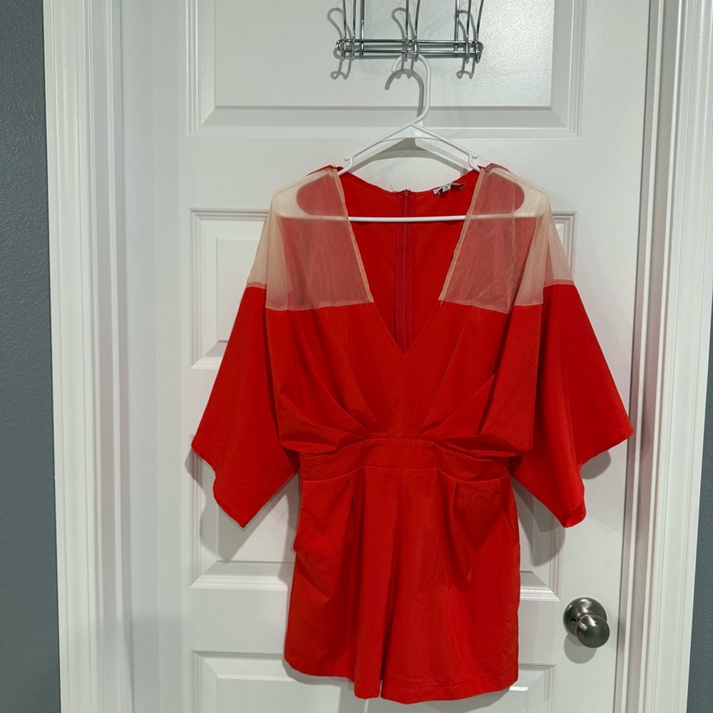 Bold Coral Sheer-Panel Kimono Sleeve Romper